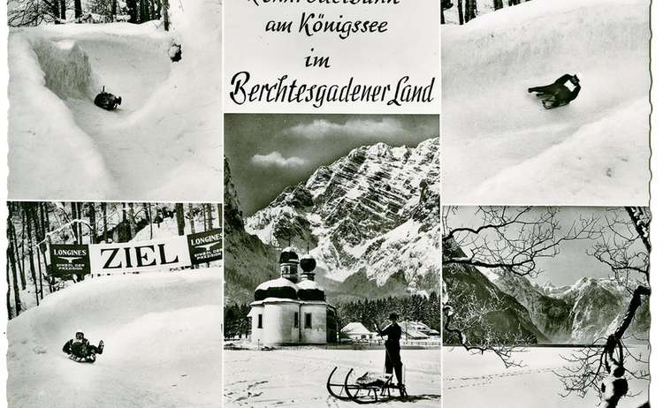 Postkarte mit den Anfängen der Bob- und Rodelbahn am Königssee etwa 1960.
